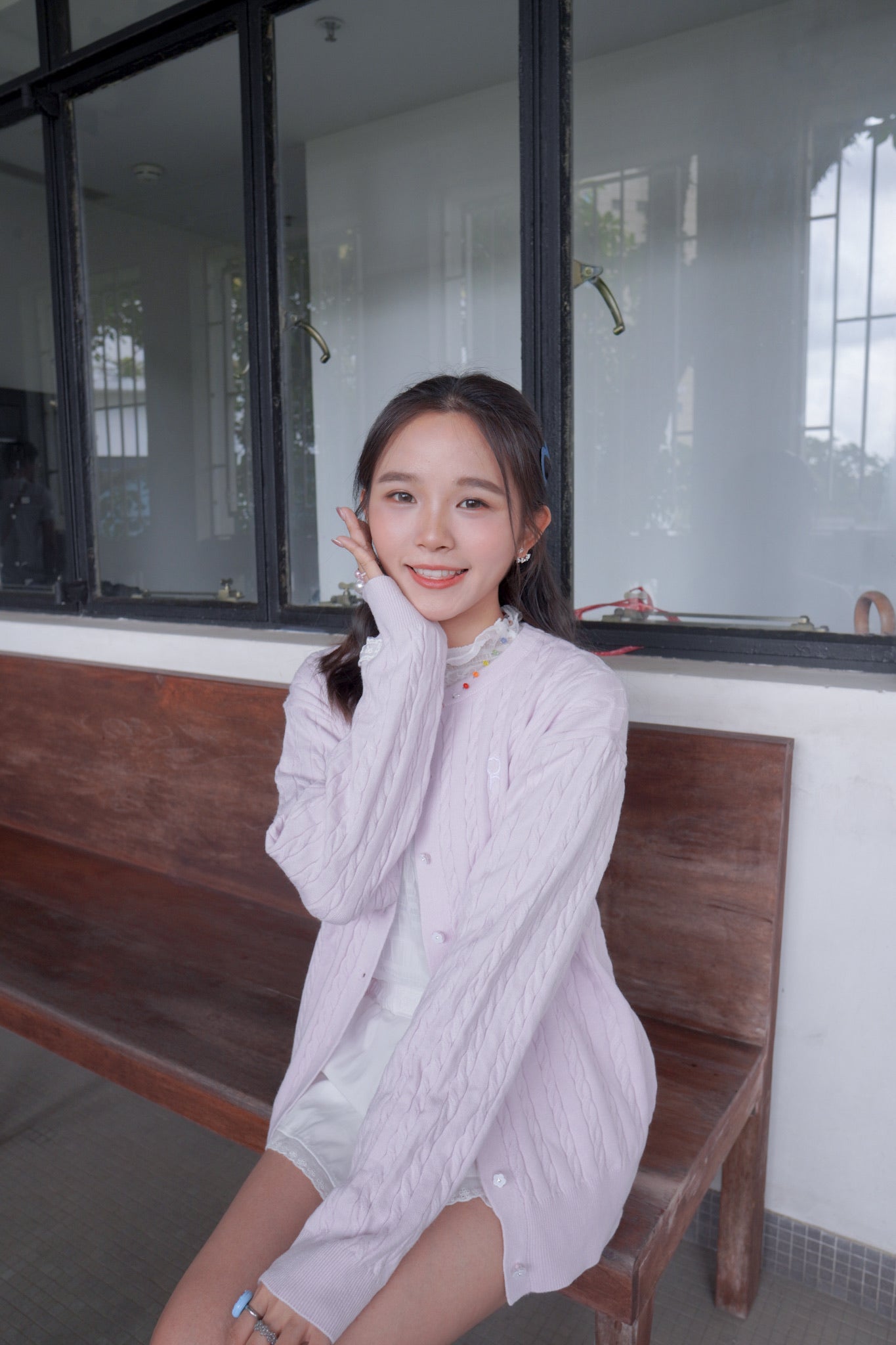 <現貨> 超可愛糖果色～棉花中長款花朵扣麻花開胸外套｜薰衣草紫