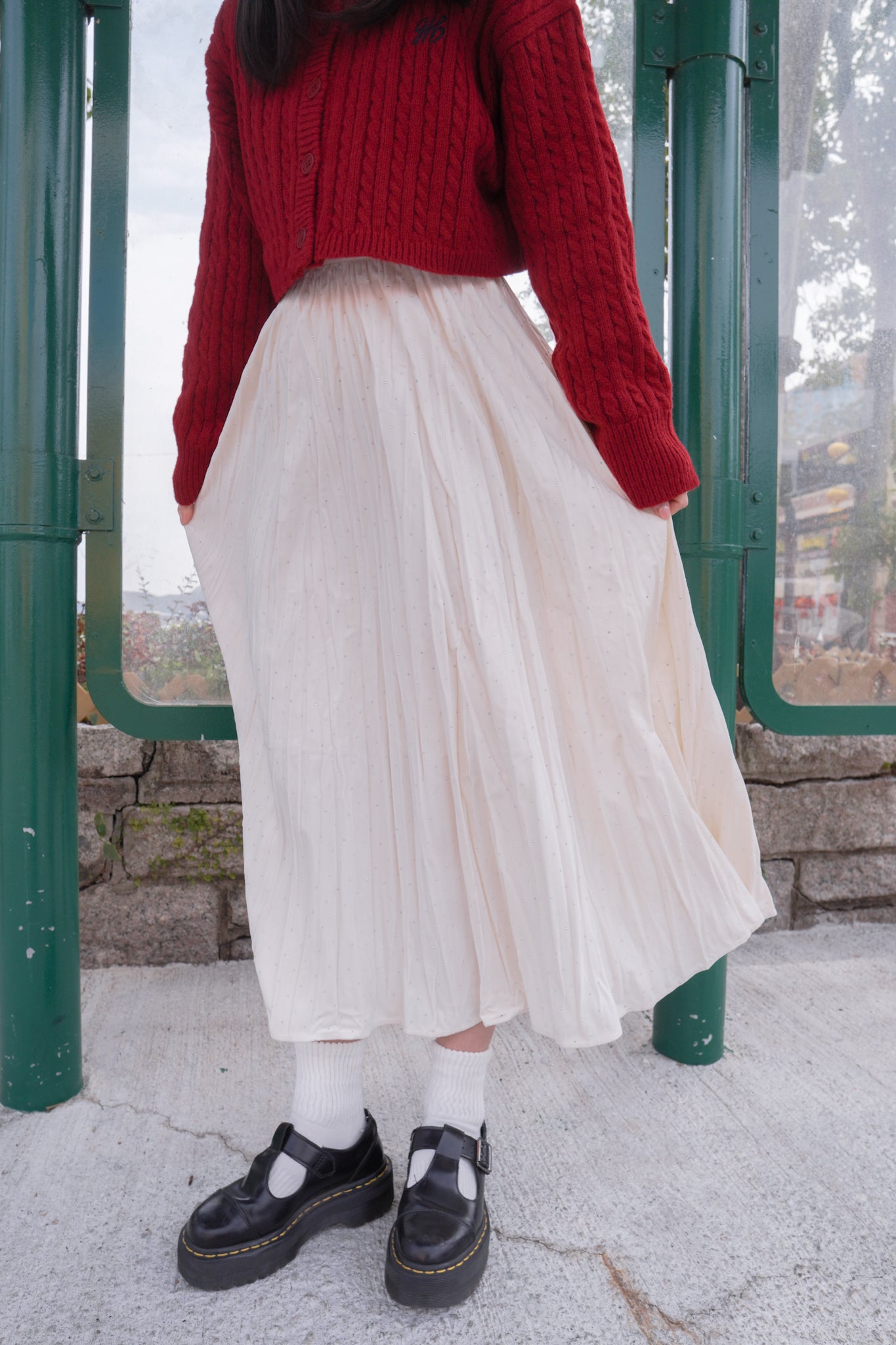 <現貨> 小眾質感♡!!皺摺暗波點高腰彈性半身長裙