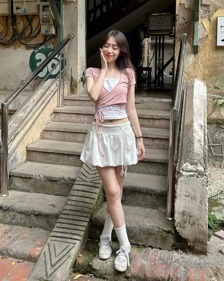 <預訂> 越南小眾品牌🇻🇳 超可愛蕾絲蝴蝶結泡泡短裙(含打底) | 兩色入