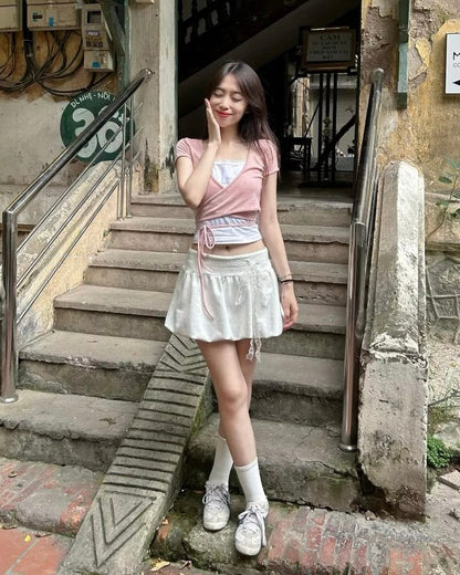 <預訂> 越南小眾品牌🇻🇳 超可愛蕾絲蝴蝶結泡泡短裙(含打底) | 兩色入