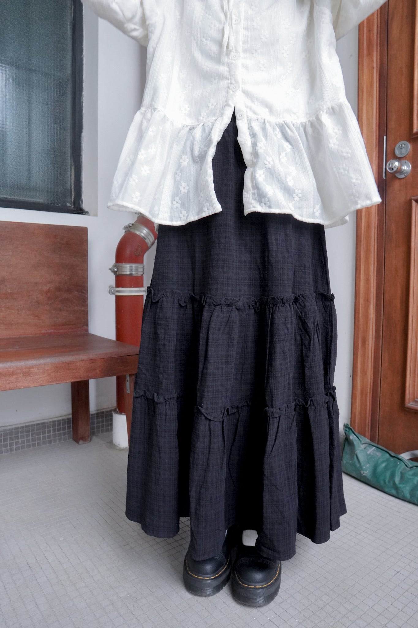 <現貨> 自家製 復古格紋ruffle邊半身長裙