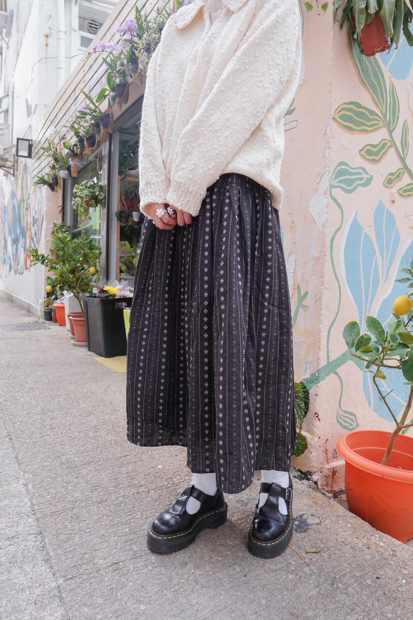 <現貨> 復古直紋碎花半身長裙