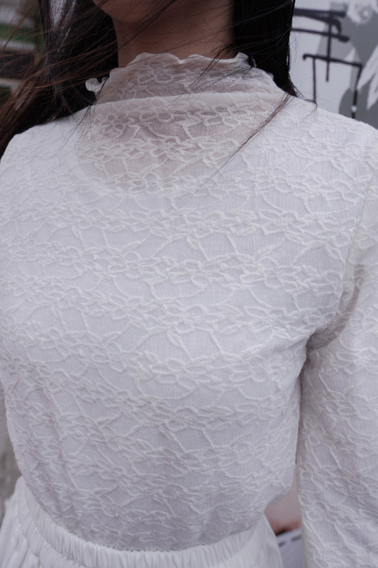 <預訂> 自家製 褶皺透明Ruffle邊立體花花高領內搭打底上衣｜兩色入