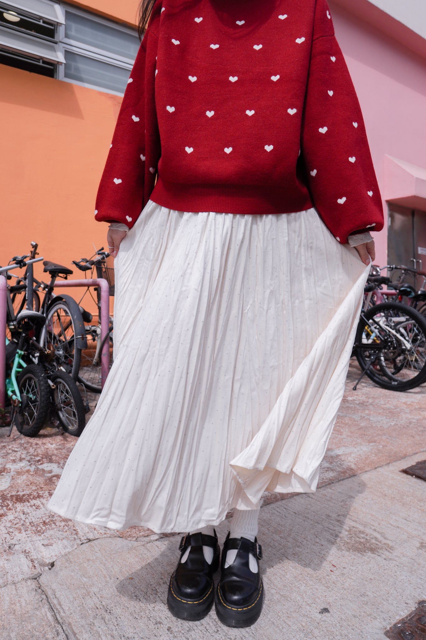 <現貨> 小眾質感♡!!皺摺暗波點高腰彈性半身長裙