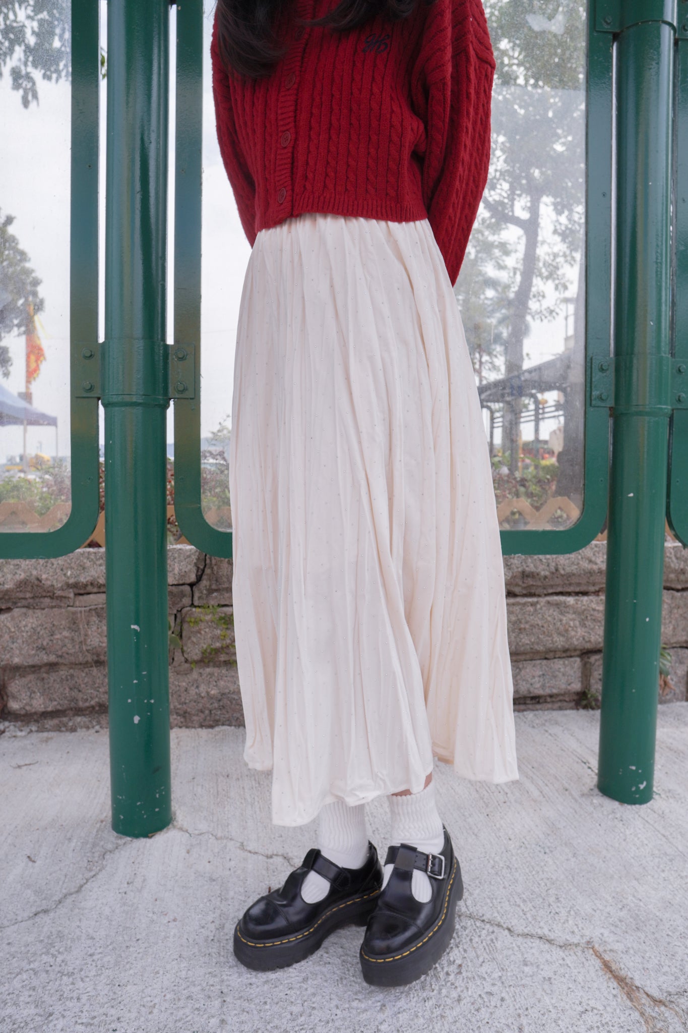 <現貨> 小眾質感♡!!皺摺暗波點高腰彈性半身長裙