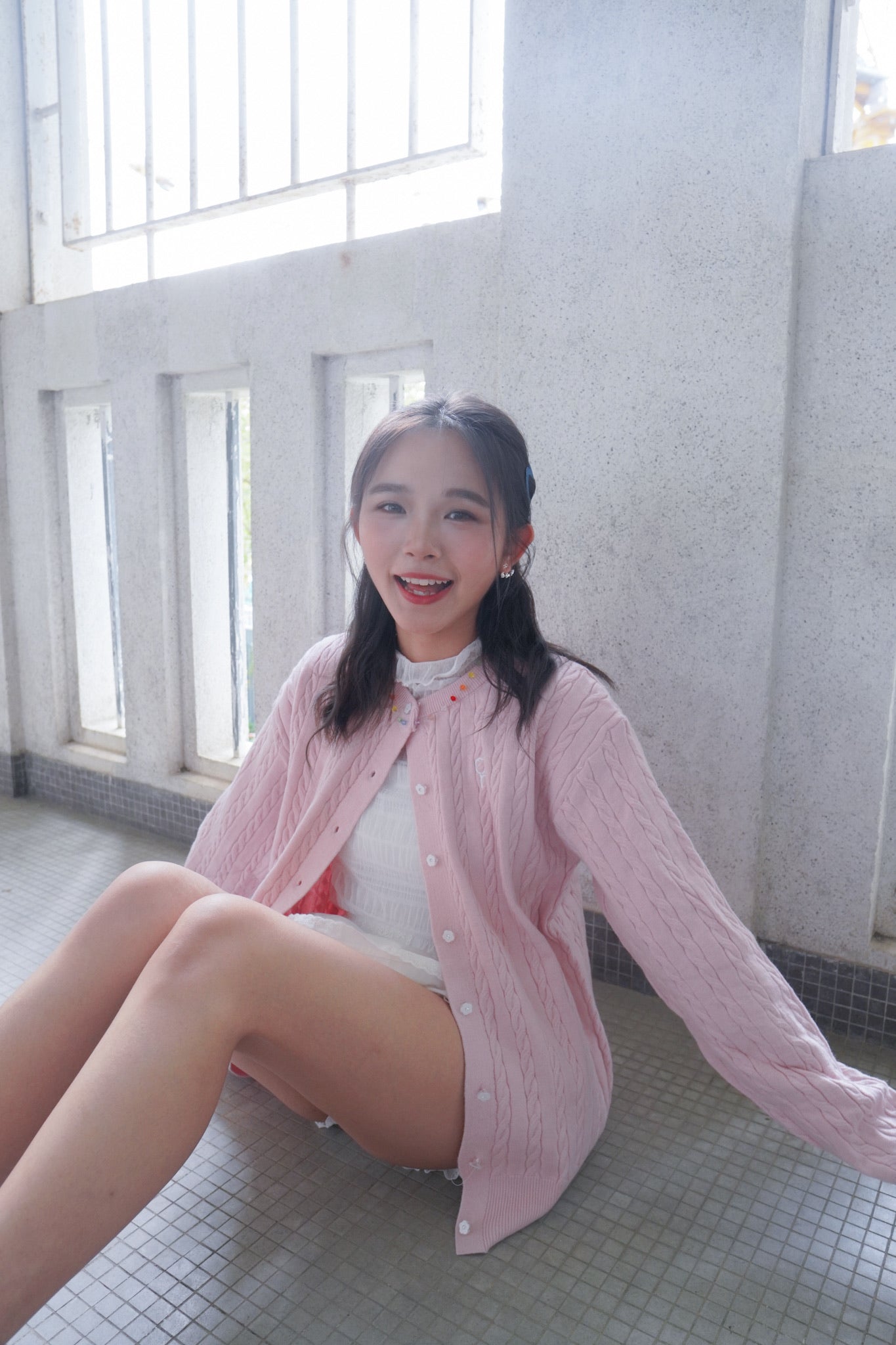 <現貨> 超可愛糖果色～棉花中長款花朵扣麻花開胸外套｜淺粉