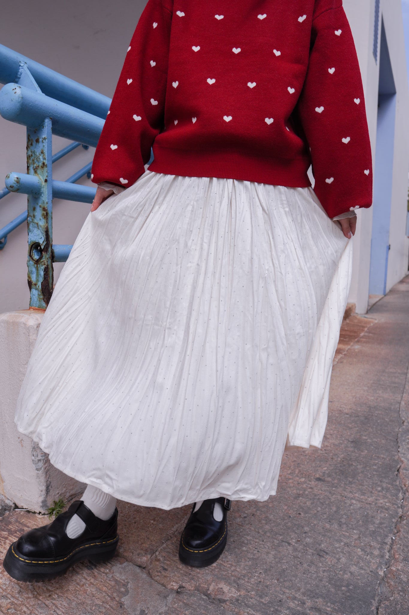 <現貨> 小眾質感♡!!皺摺暗波點高腰彈性半身長裙