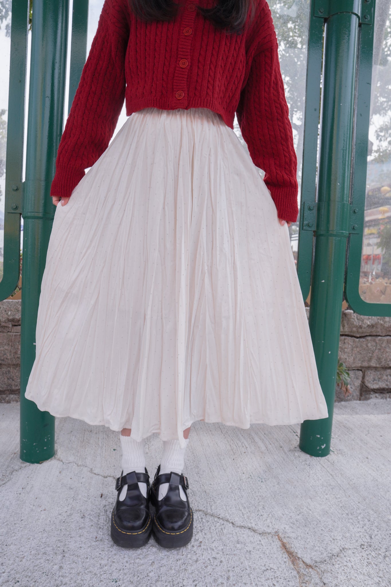 <現貨> 小眾質感♡!!皺摺暗波點高腰彈性半身長裙