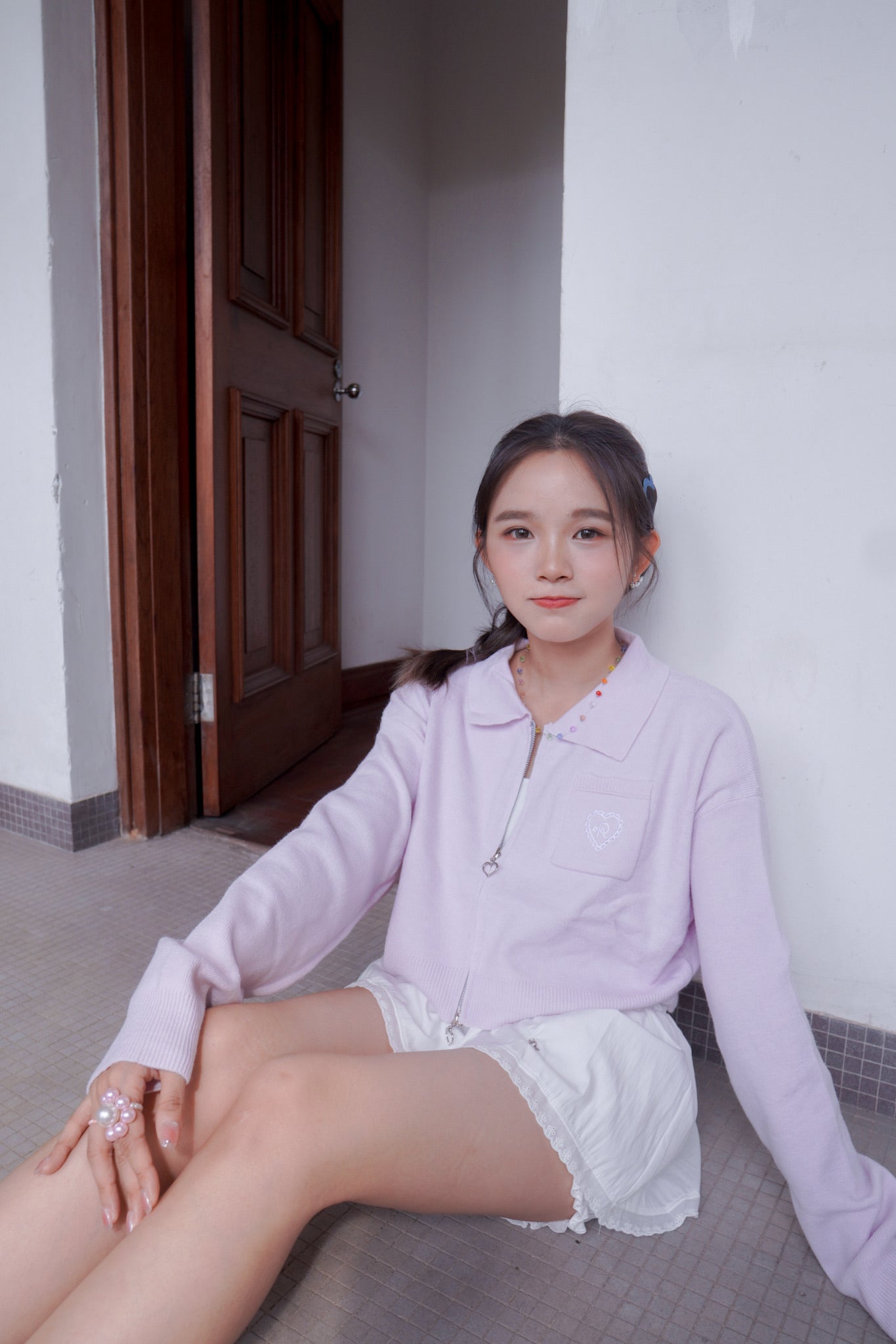 <預訂> 超可愛～馬卡龍愛心刺繡拉鍊口袋針織上衣｜薰衣草紫