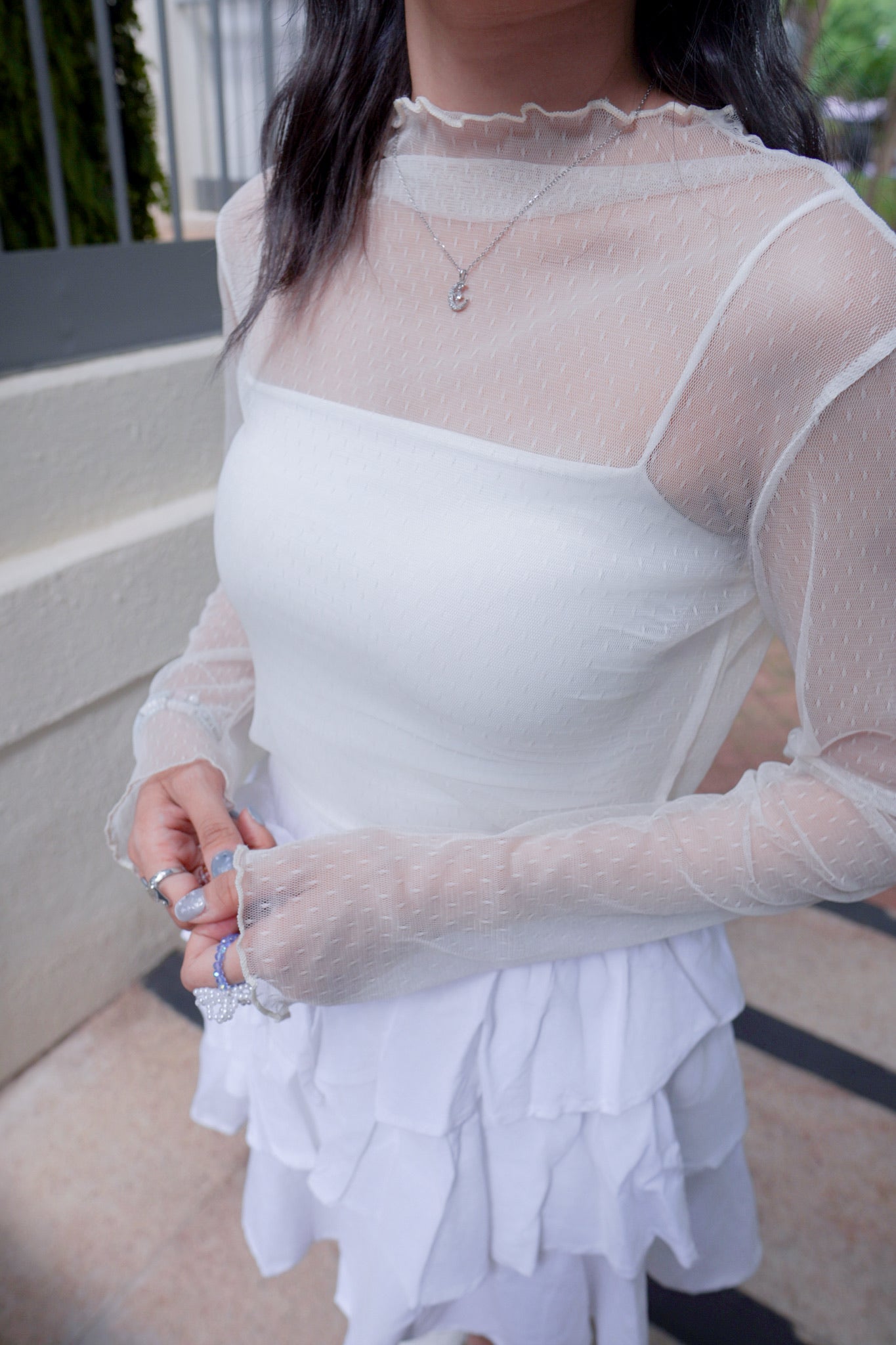 <現貨> 四季也OK！圓點薄紗蕾絲長袖打底內搭｜四色入