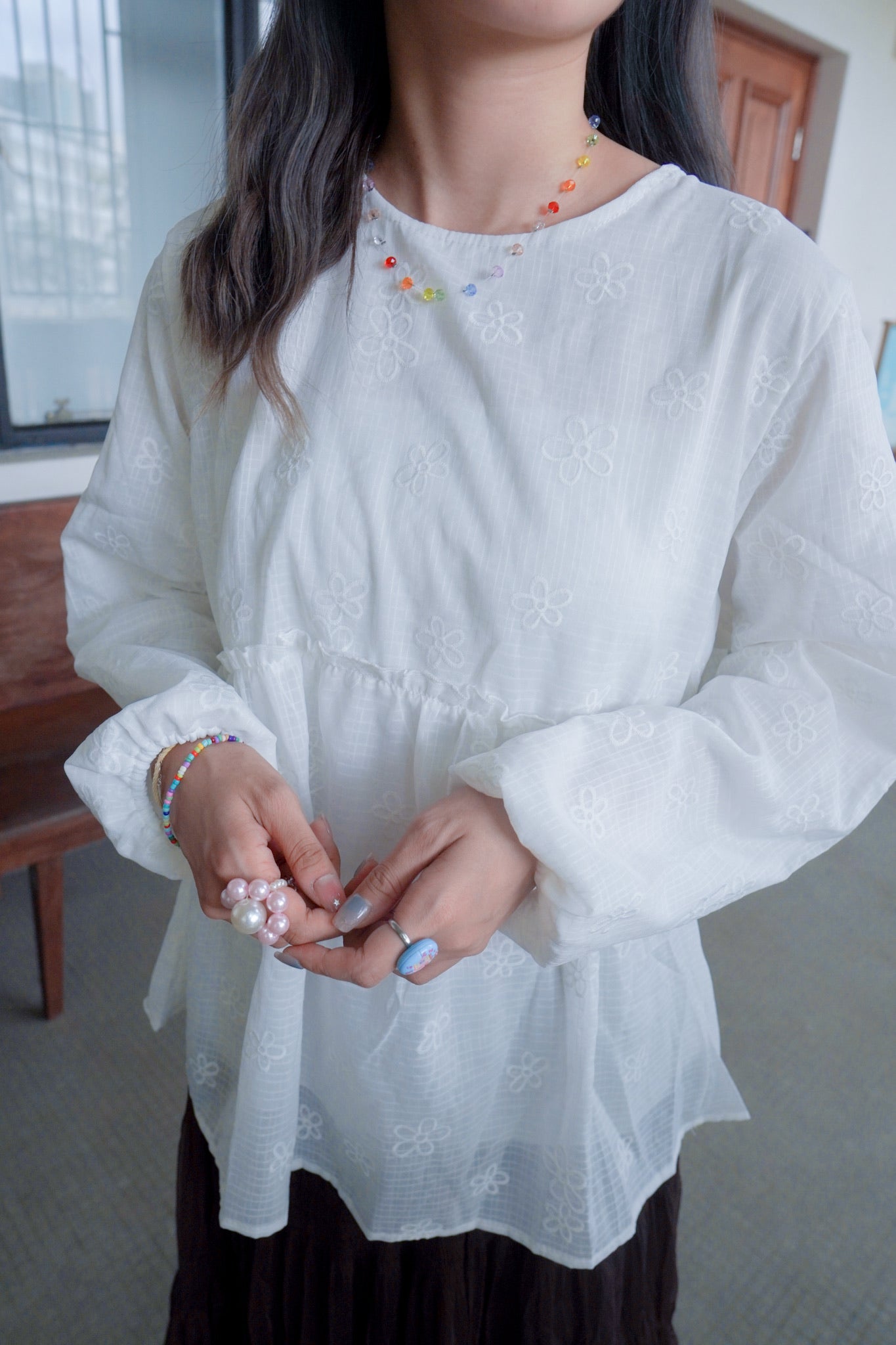 <現貨> 獨家款 泰國人手製作! 格紋小花卉泡泡袖上衣｜兩色入