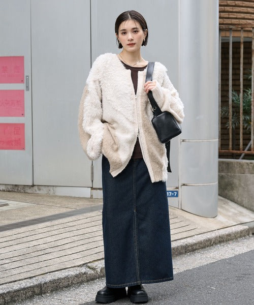 <預訂> 日本大人氣♡日牌 Mono Mart 2-Ways 毛茸茸蓬鬆混色雙拉鍊針織開胸外套｜四色入