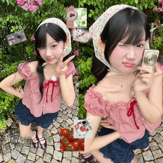 <預訂> 越南小眾品牌🇻🇳 超可愛! 紅白格紋莓果露肩短上衣