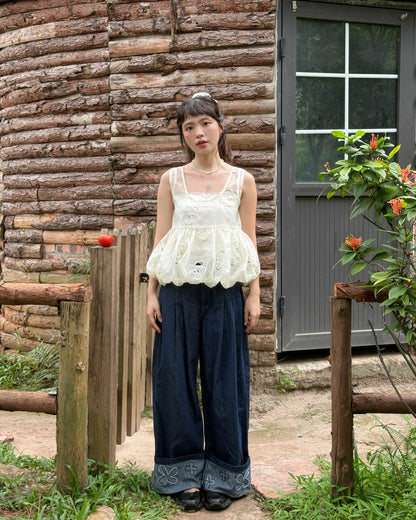 <預訂> 越南小眾品牌🇻🇳 超可愛! 花花褲腳低腰寬褲牛仔長褲