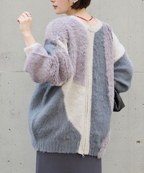 <預訂> 日本大人氣♡日牌 Mono Mart 2-Ways 毛茸茸蓬鬆混色雙拉鍊針織開胸外套｜四色入
