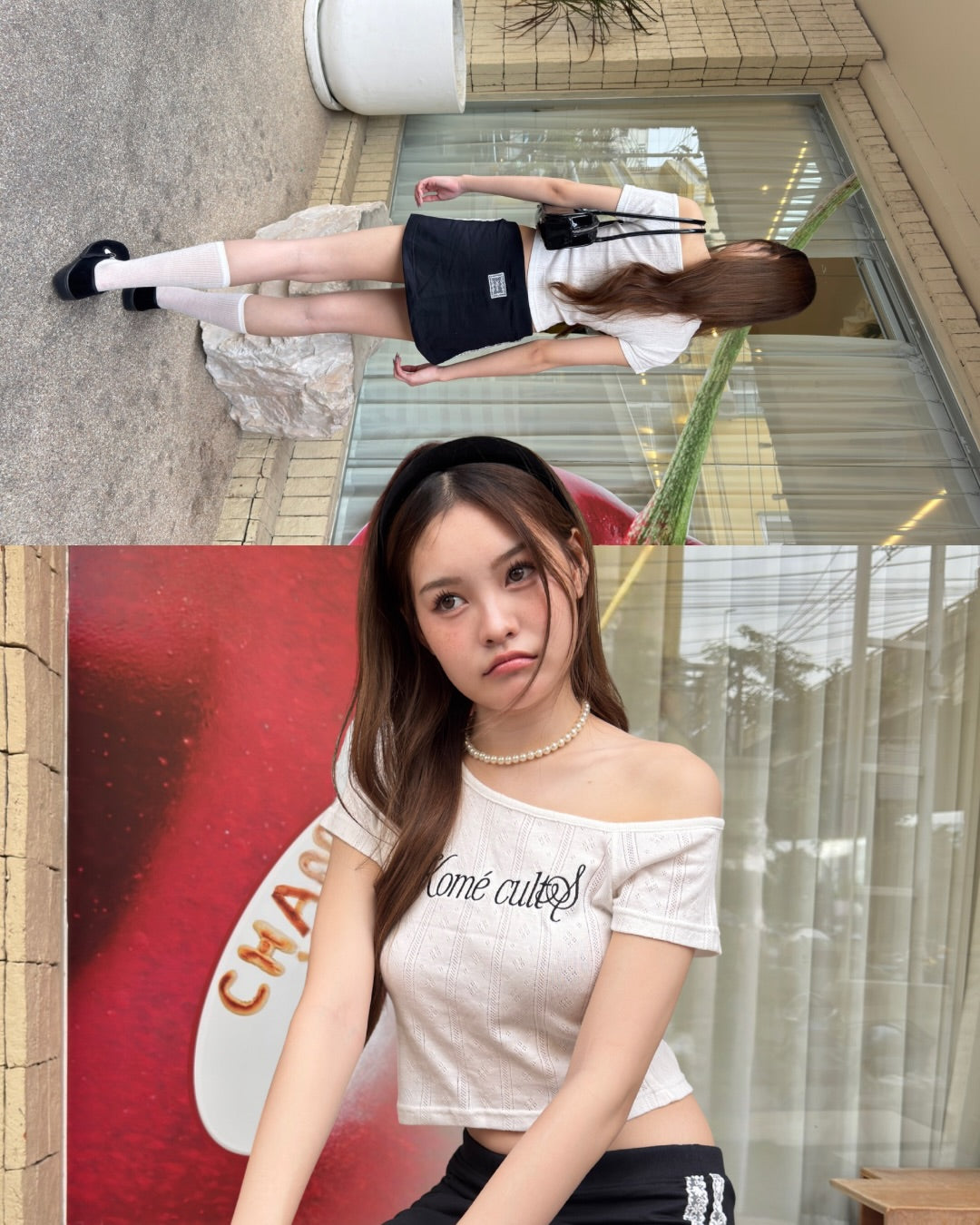 <預訂> 泰國小眾品牌🇹🇭 Kome露肩簡約刺繡短袖上衣 | 四色入