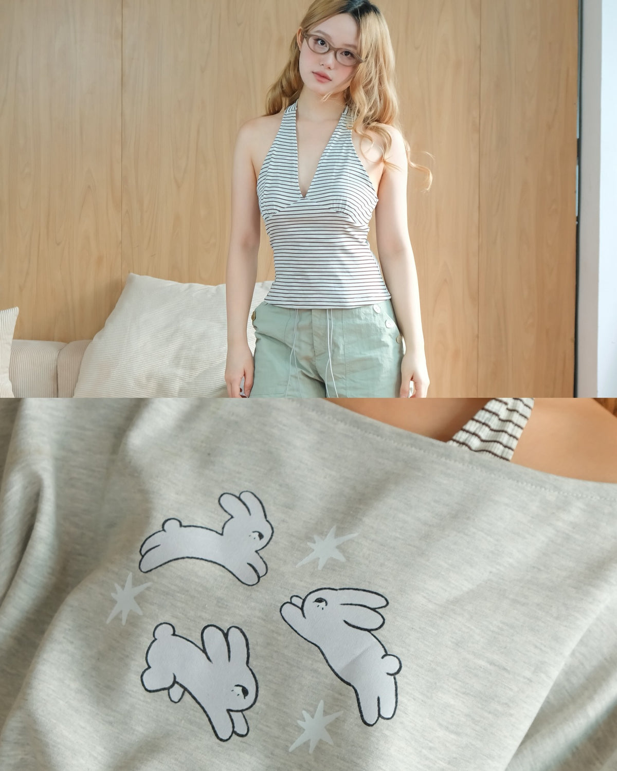 <預訂> 越南小眾品牌🇻🇳 一見鍾情♡🐰ྀི兔兔印花束繩長袖衛衣+掛頸背心兩件套套裝