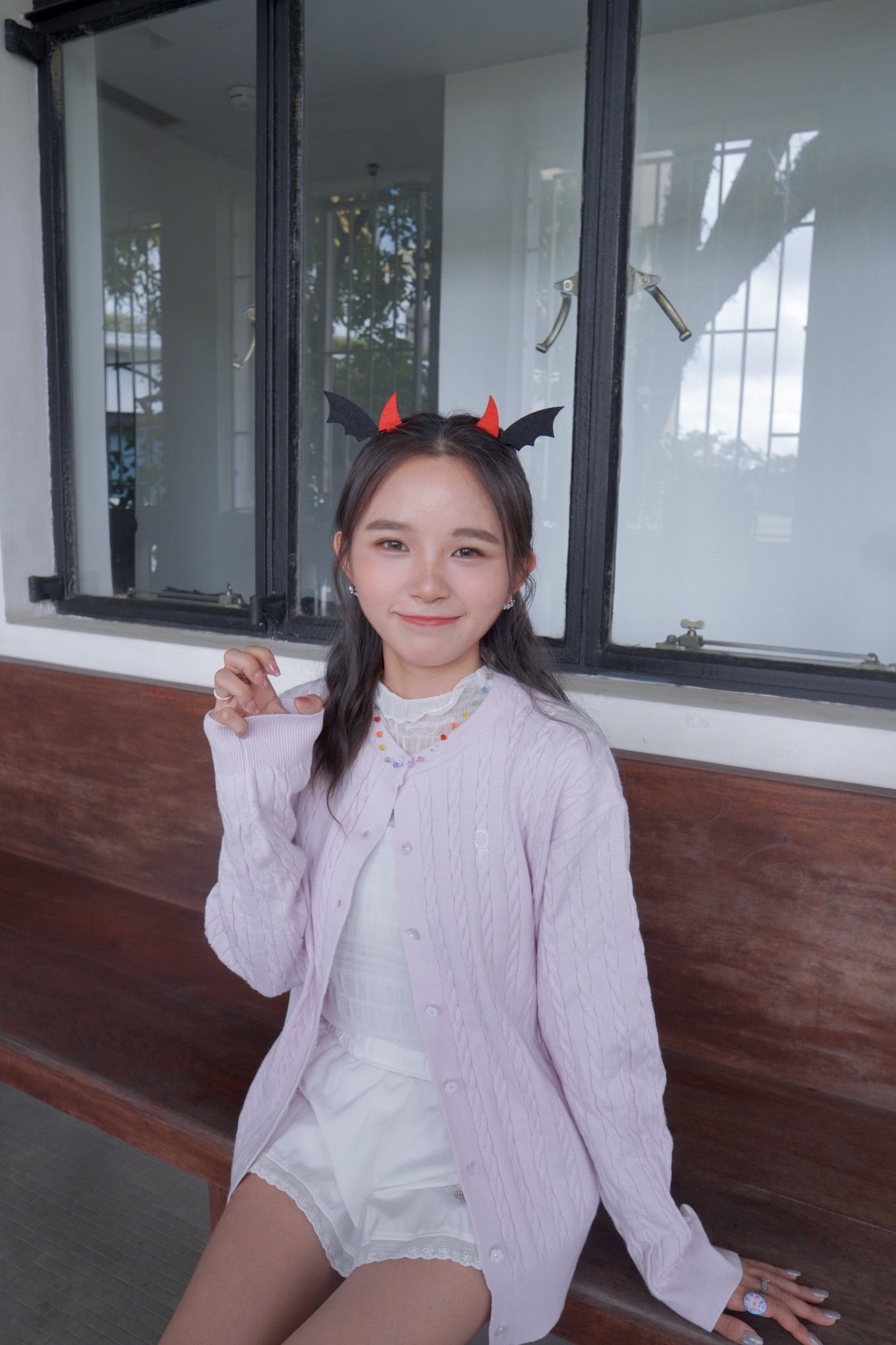 <現貨> 超可愛糖果色～棉花中長款花朵扣麻花開胸外套｜薰衣草紫