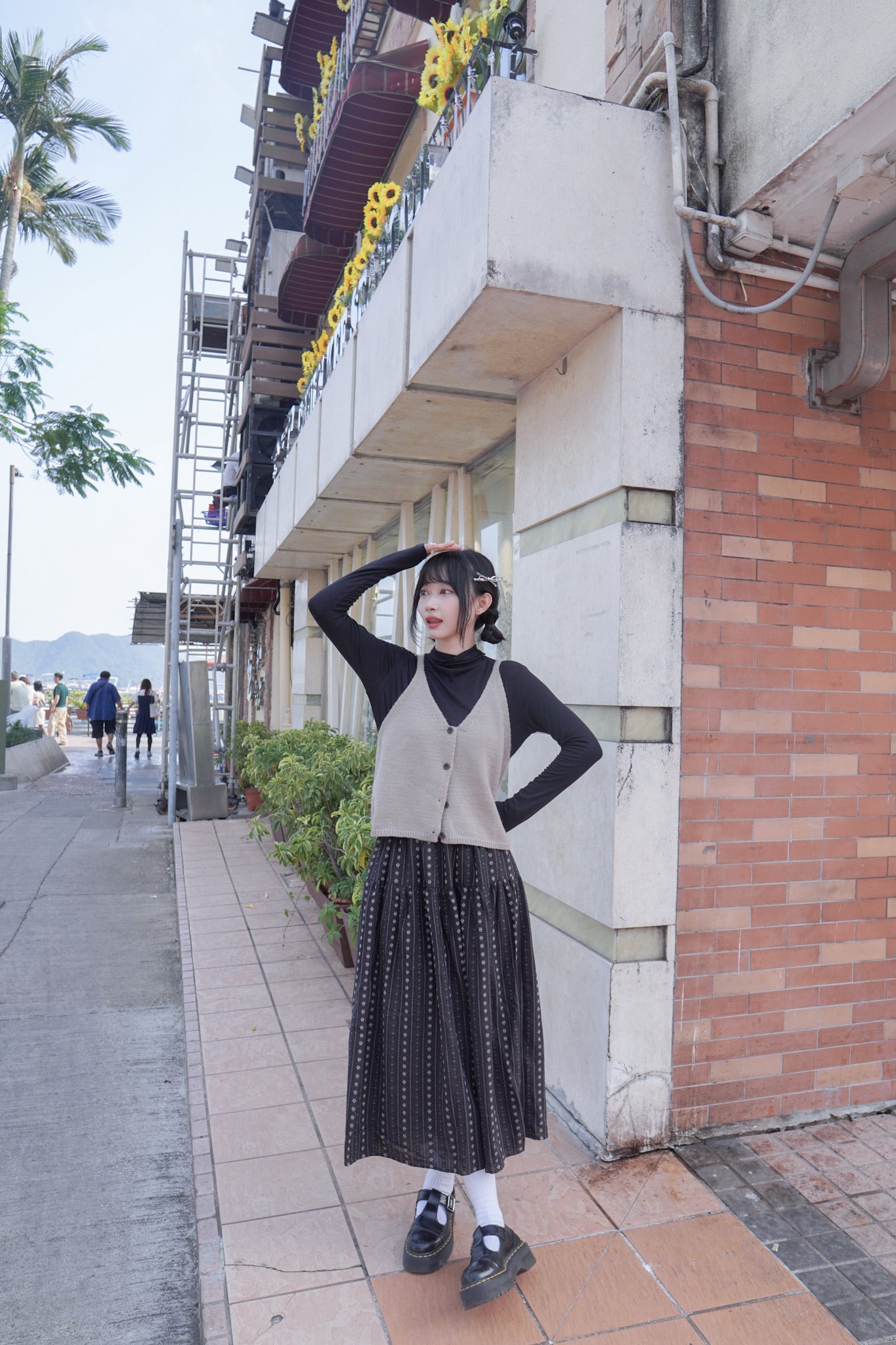 <現貨> 復古直紋碎花半身長裙