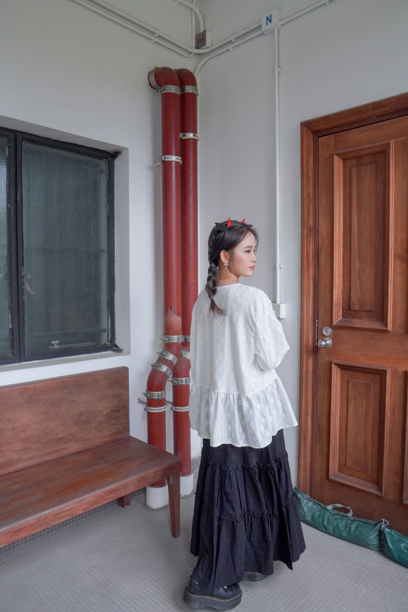 <現貨> 自家製 復古格紋ruffle邊半身長裙