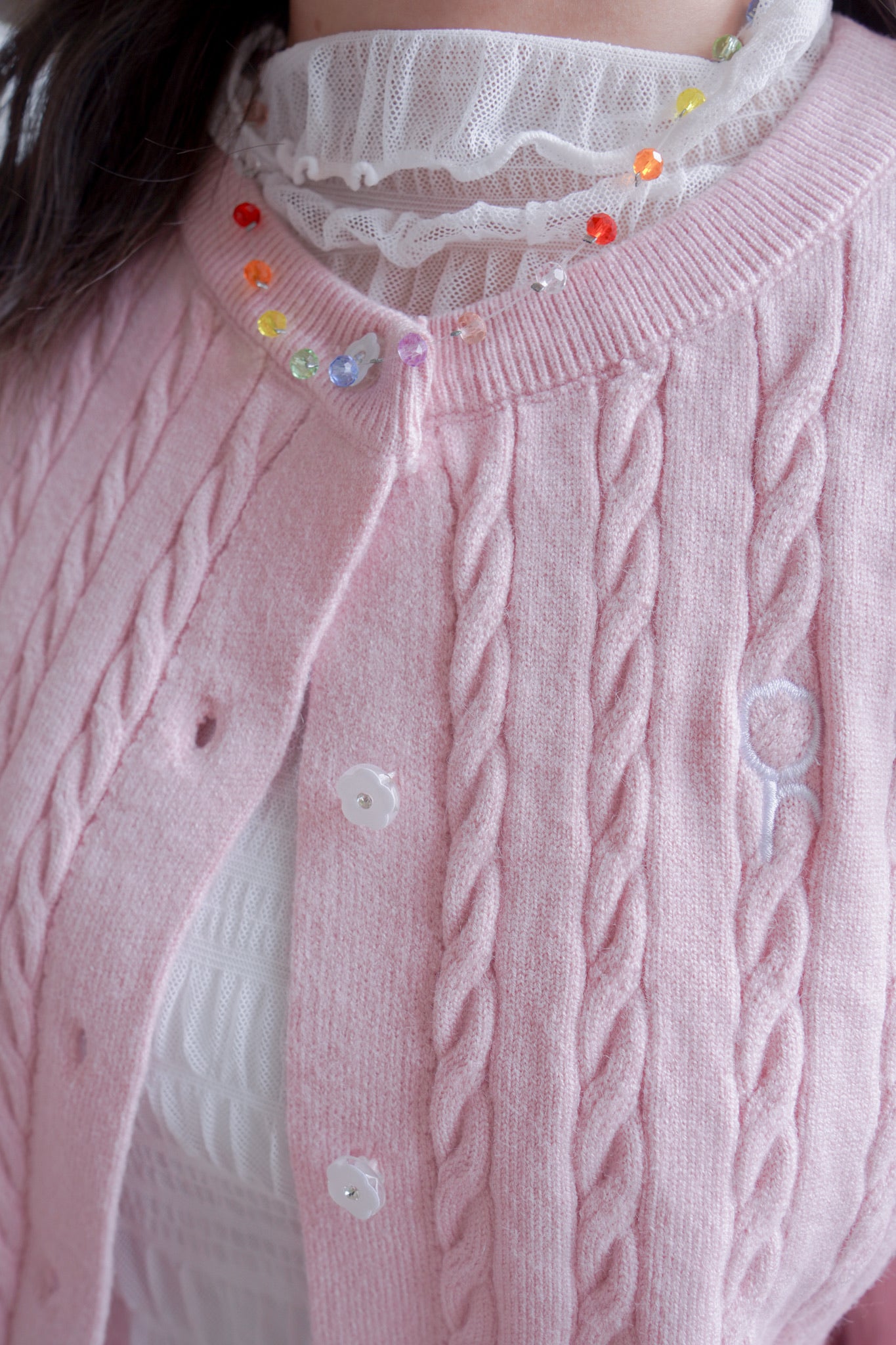 <現貨> 超可愛糖果色～棉花中長款花朵扣麻花開胸外套｜淺粉