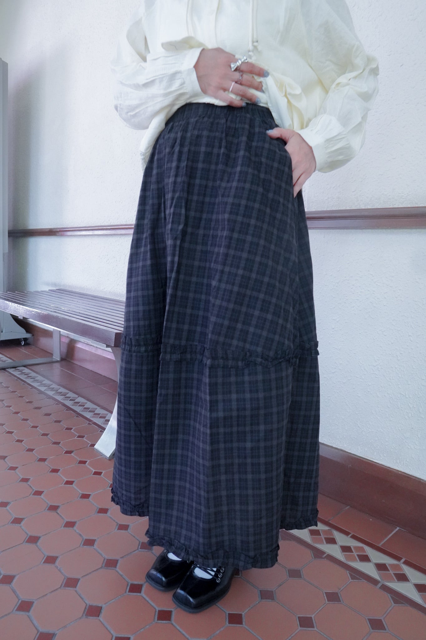 <預訂> 復古格紋花邊半身長裙