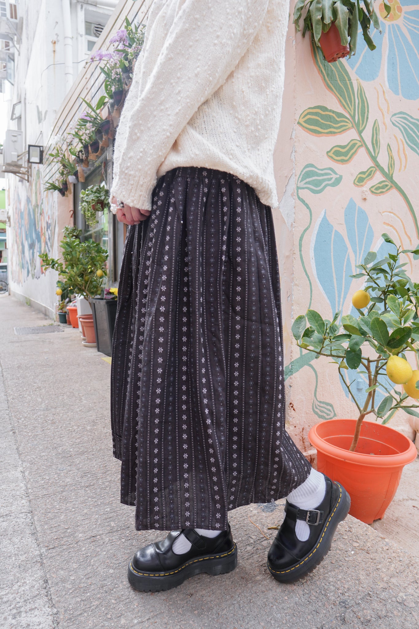 <現貨> 復古直紋碎花半身長裙