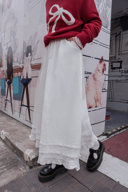 <現貨> 超舒服♡!!全棉韓系小奶白花邊半身長裙