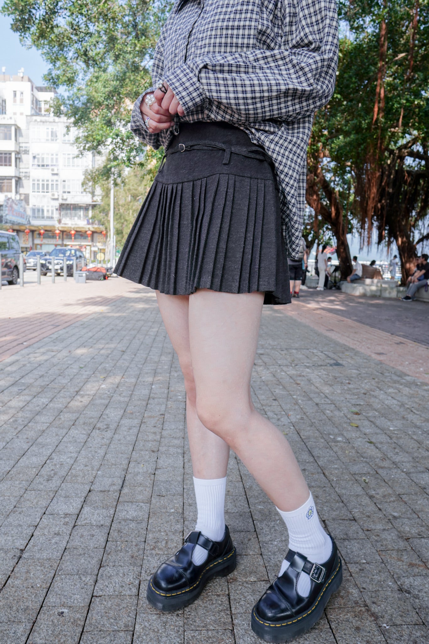 <現貨> 自家製 學院風高腰毛呢半身短裙+腰帶兩件套｜兩色入