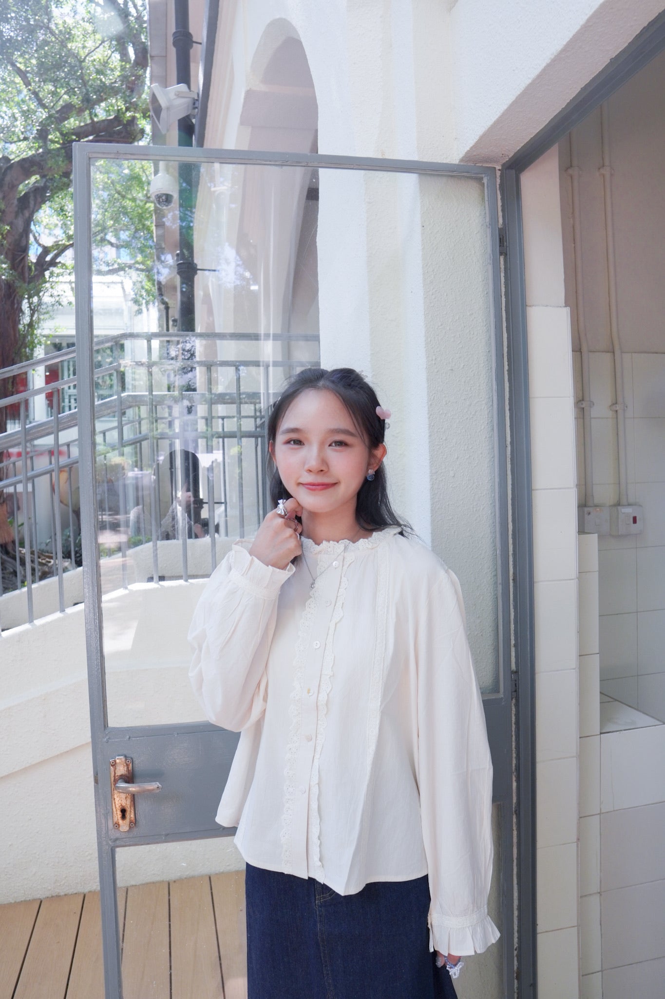 <現貨> 自家製 奶杏娃娃領蕾絲長袖裇衫