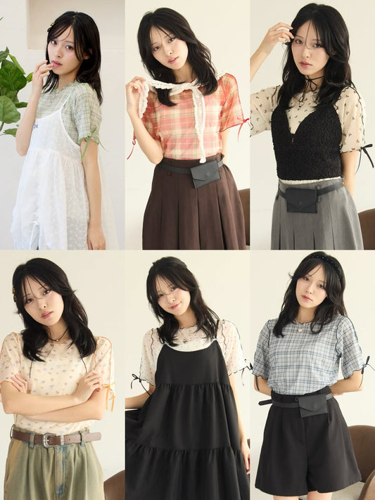 <預訂> JP Kutir 薄紗混色蝴蝶結袖短袖上衣｜六色入