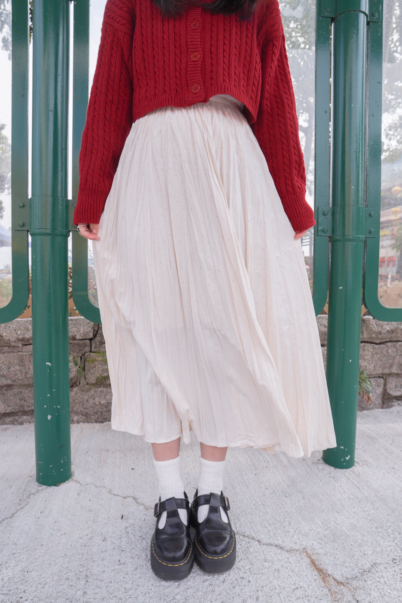 <現貨> 小眾質感♡!!皺摺暗波點高腰彈性半身長裙