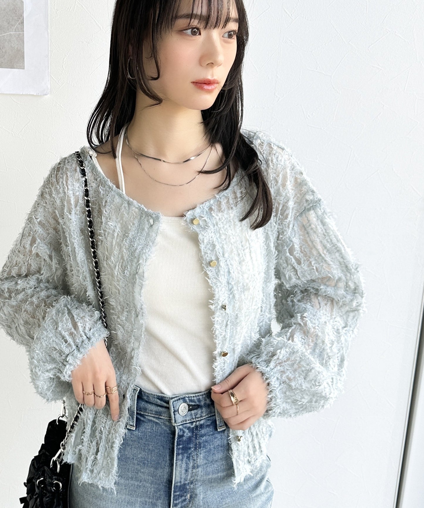 <預訂> JP 日牌Mily Bilet 前後2-Ways透明羽毛流蘇薄紗開胸外套｜三色入