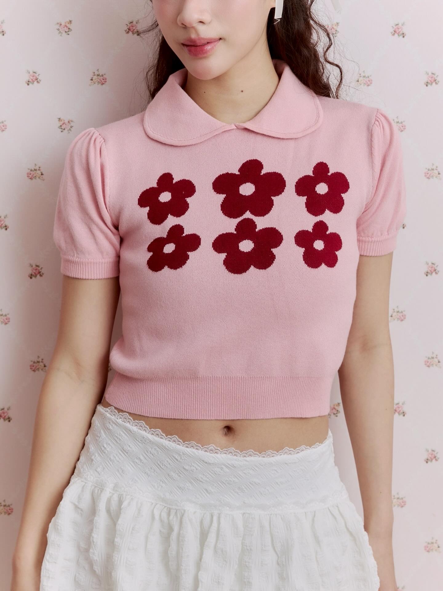 <預訂> 泰國小眾品牌🇹🇭 刺繡花花針織Crop Tee | 兩色入