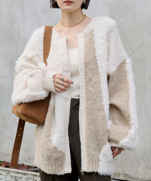 <預訂> 日本大人氣♡日牌 Mono Mart 2-Ways 毛茸茸蓬鬆混色雙拉鍊針織開胸外套｜四色入