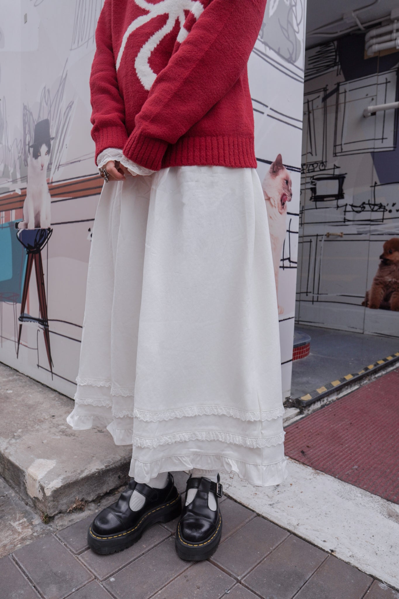 <現貨> 超舒服♡!!全棉韓系小奶白花邊半身長裙