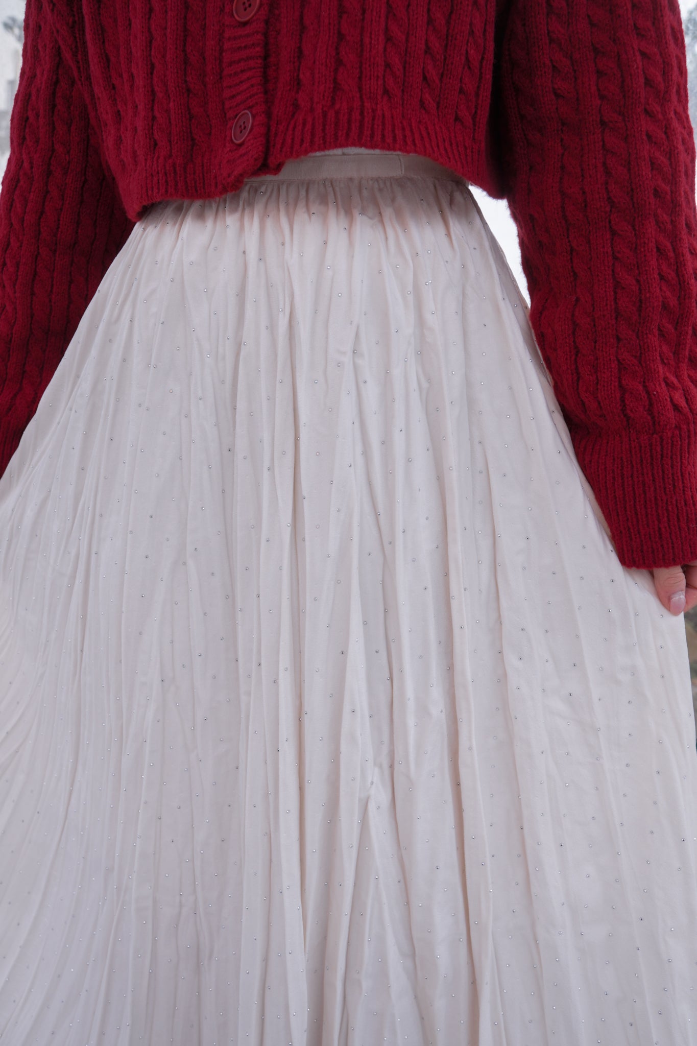 <現貨> 小眾質感♡!!皺摺暗波點高腰彈性半身長裙