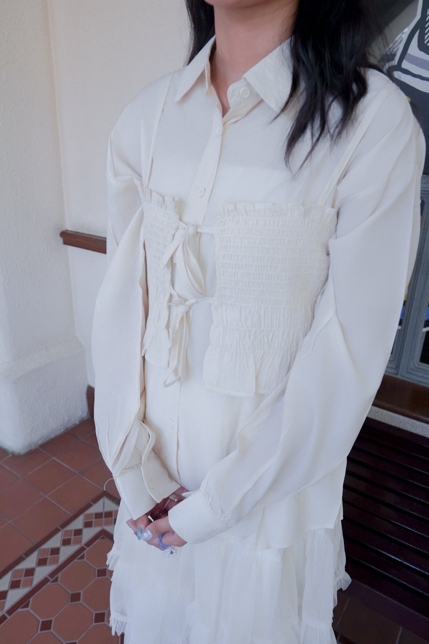 <現貨> 皺皺吊帶背心+長袖裇衫兩件套