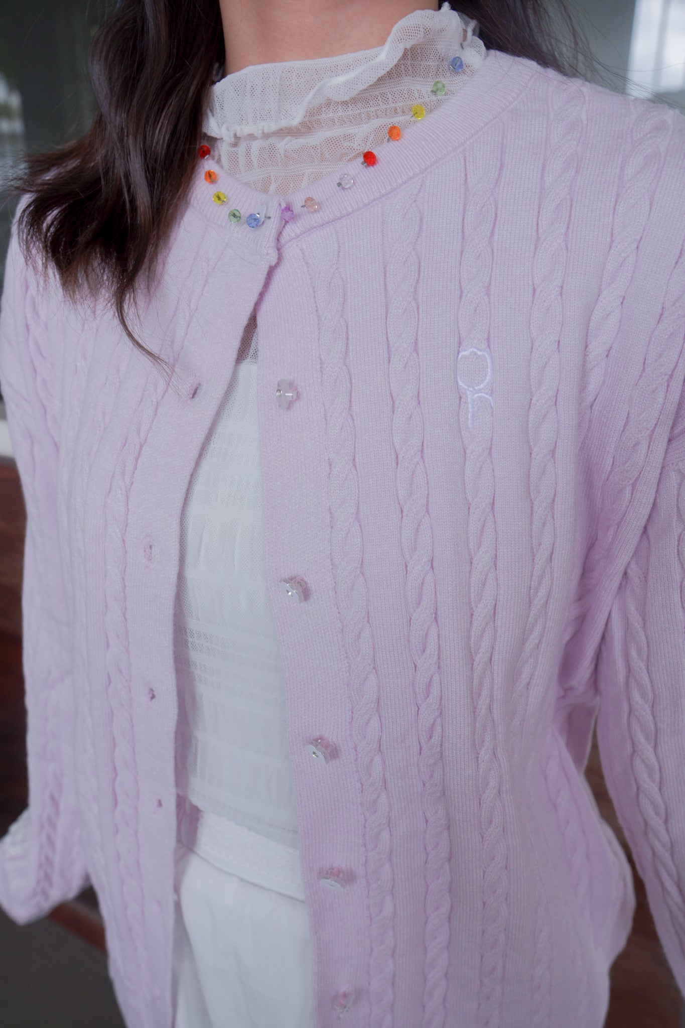 <現貨> 超可愛糖果色～棉花中長款花朵扣麻花開胸外套｜薰衣草紫