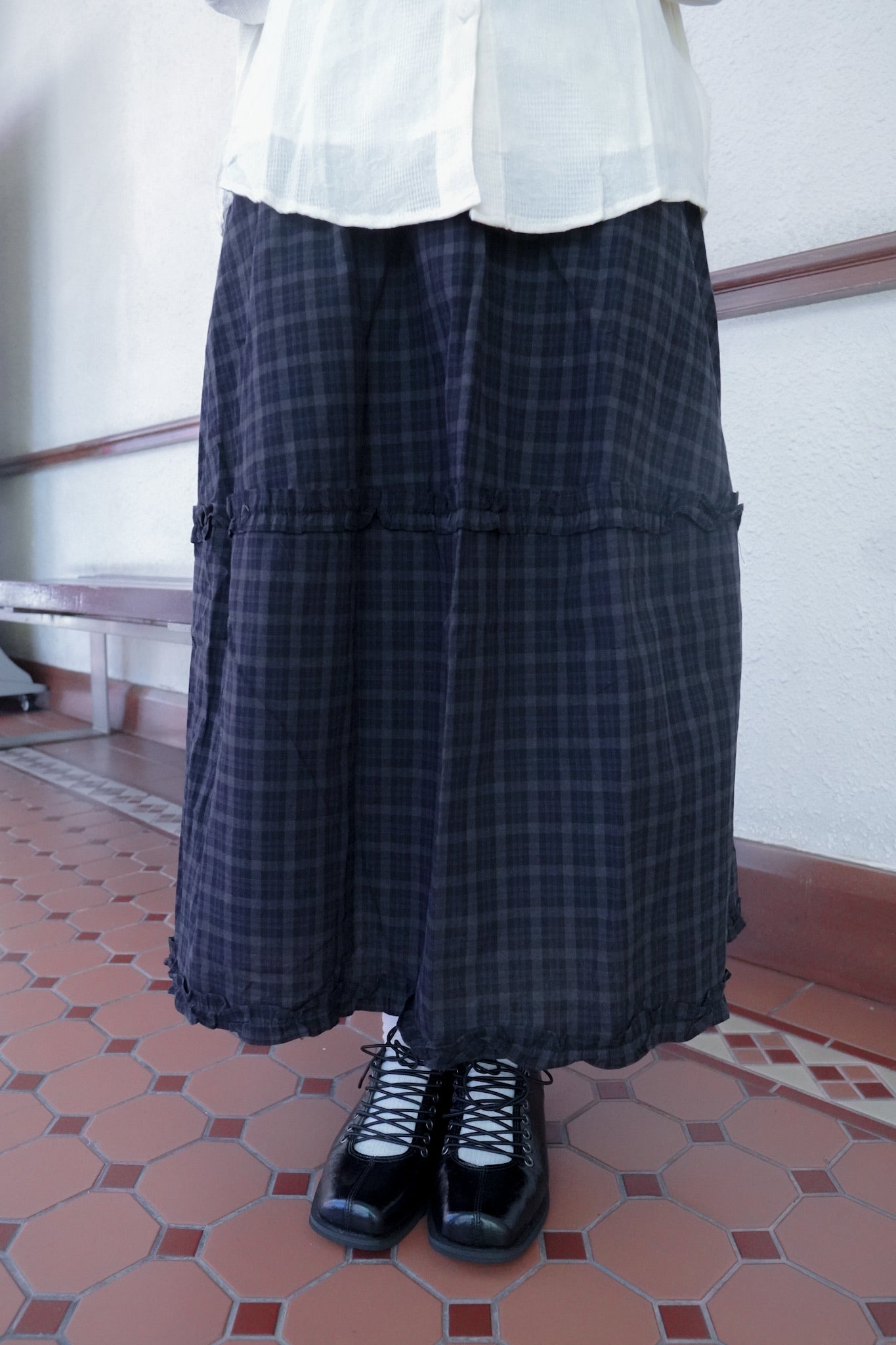 <預訂> 復古格紋花邊半身長裙