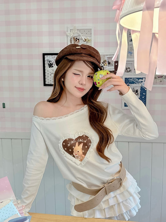 <預訂> 泰國小眾品牌🇹🇭 童話感UP 小兔印花長袖蕾絲露肩上衣