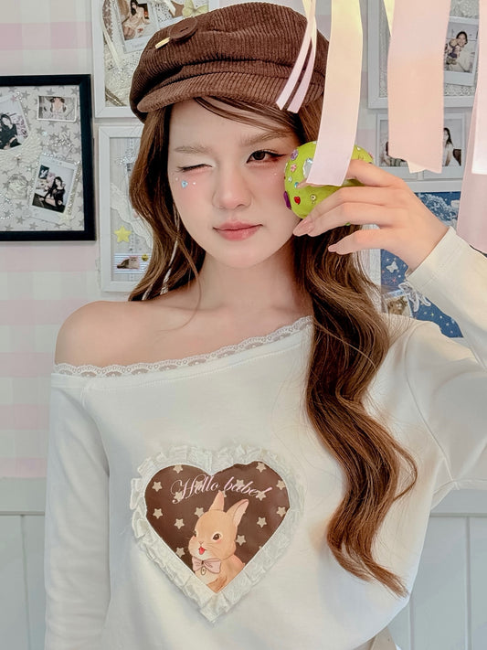 <預訂> 泰國小眾品牌🇹🇭 童話感UP 小兔印花長袖蕾絲露肩上衣