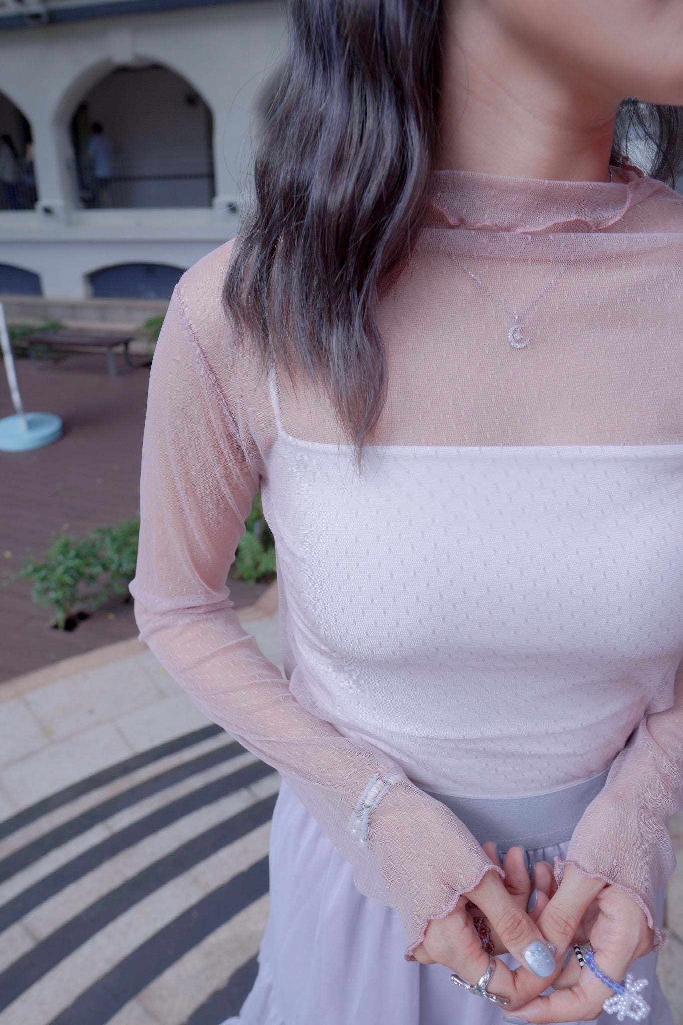 <現貨> 四季也OK！圓點薄紗蕾絲長袖打底內搭｜四色入