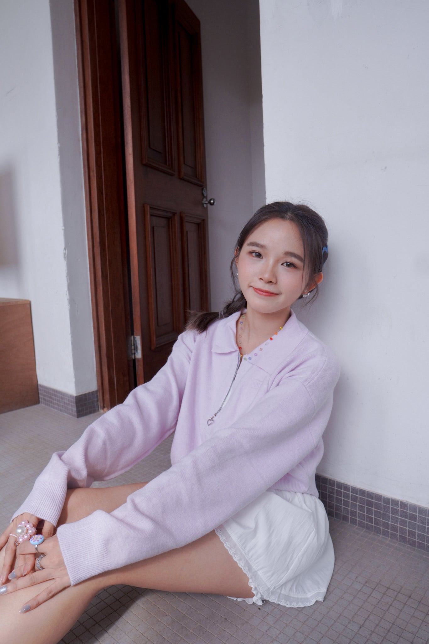 <預訂> 超可愛～馬卡龍愛心刺繡拉鍊口袋針織上衣｜薰衣草紫