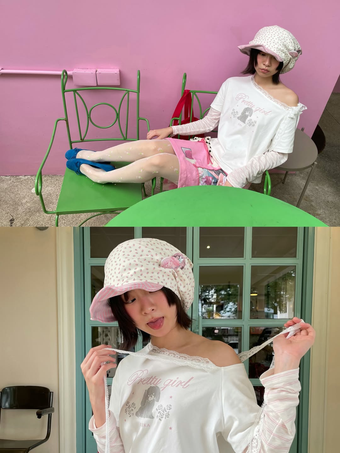 <預訂> 泰國小眾品牌🇹🇭 露肩蕾絲上衣內疊荷葉邊長袖薄Tee | 兩色入