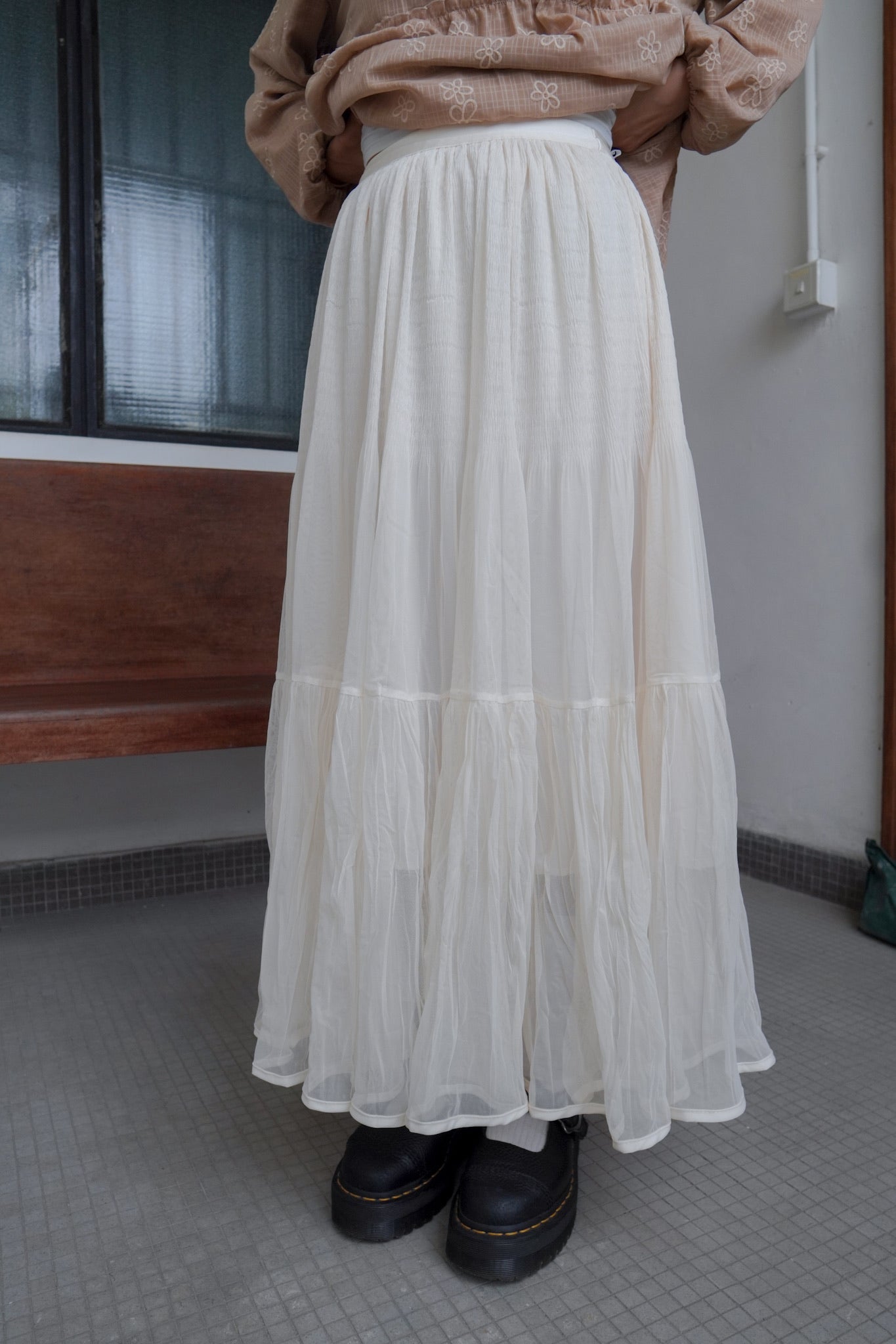 <現貨> 自家製 飄逸感大讚！復古兩層紗質皺褶秋冬A字長裙