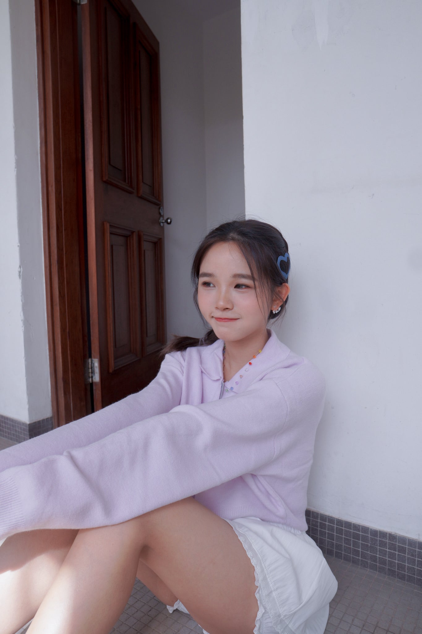 <預訂> 超可愛～馬卡龍愛心刺繡拉鍊口袋針織上衣｜薰衣草紫