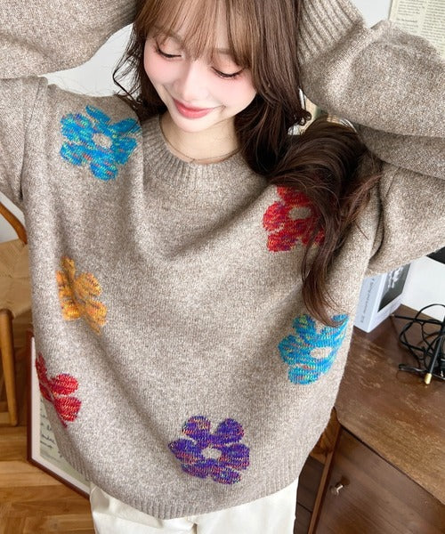 <預訂> 日牌MM 混色花卉提花針織上衣｜四色入