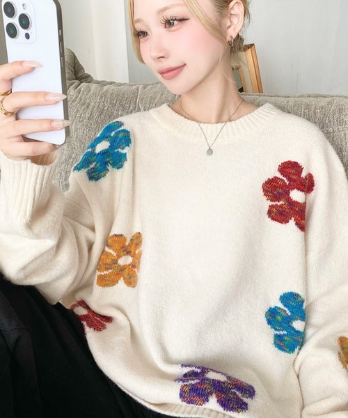 <預訂> 日牌MM 混色花卉提花針織上衣｜四色入