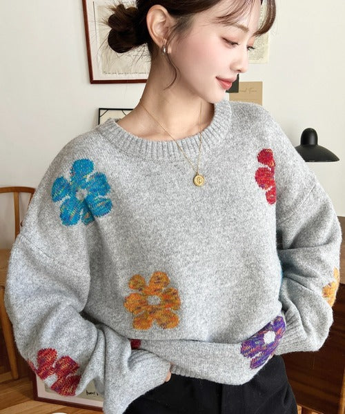 <預訂> 日牌MM 混色花卉提花針織上衣｜四色入